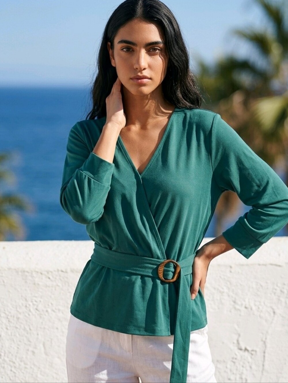 Diana Belle Blouson Wrap Tie‎ Top Deep  Forest Green Crepe sz XL